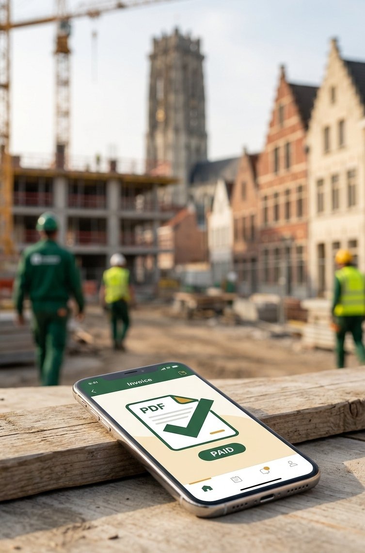 Facture Batifox sur telephone, chantier belge avec architecture flamande en arriere-plan